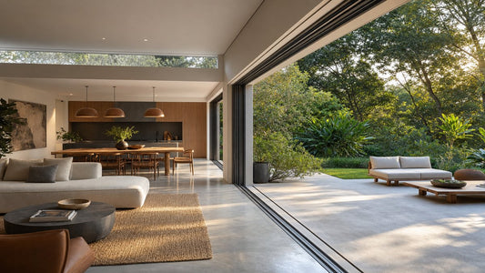 Modern open-plan space with aluminum multi-slide pocket doors fully retracted into cavity walls