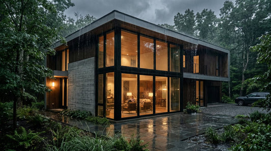 Modern home with aluminum floor-to-ceiling windows during a rainstorm, demonstrating weatherproof performance