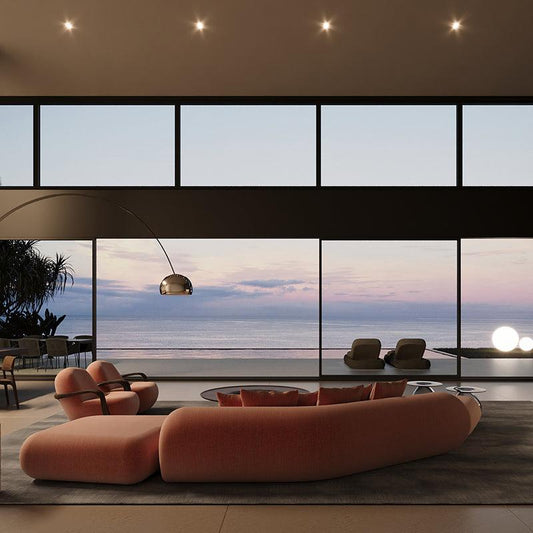 158/240 sliding door product image showing slim dark frames around a sea-facing living room