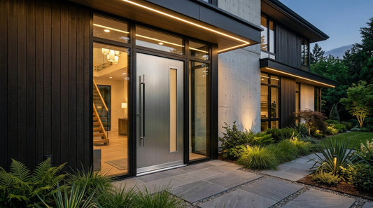 Modern aluminum hinged entrance door on a contemporary home facade at dusk