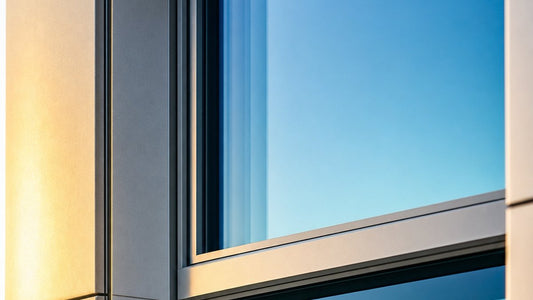 High-performance aluminum window on commercial building facade showing precision thermal break frame and Low-E glazing