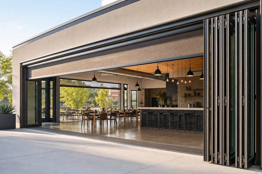 Aluminum bi-fold patio doors with integrated retractable screen system in a commercial indoor-outdoor space