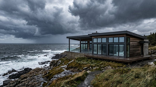 Modern coastal home with hurricane impact aluminum windows during storm