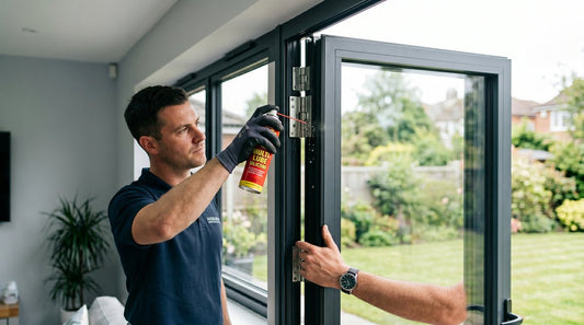 Technician lubricating aluminum window hinges with silicone spray during routine maintenance