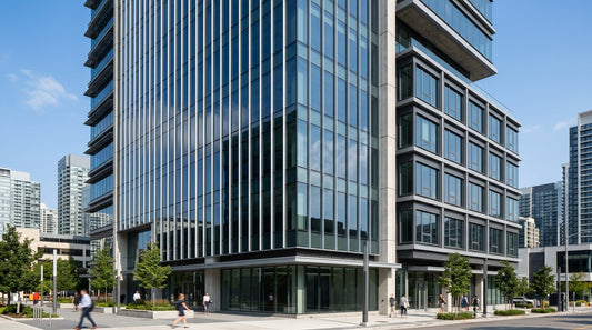 Modern commercial building showing curtain wall and window wall glazing systems