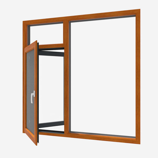 135 aluminium-wood window showing the timber interior frame and an open mesh screen