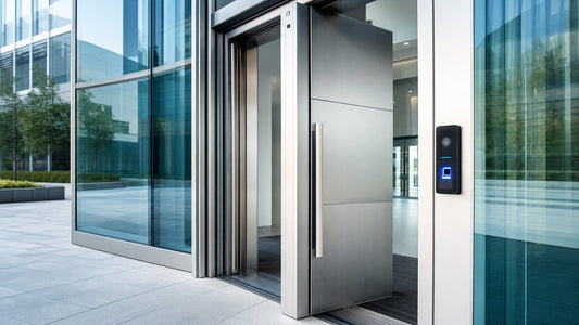 Large-format aluminum pivot entry door with biometric fingerprint reader at a modern commercial building entrance