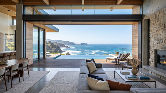 Modern building with fully open multi-panel aluminum sliding doors revealing panoramic view