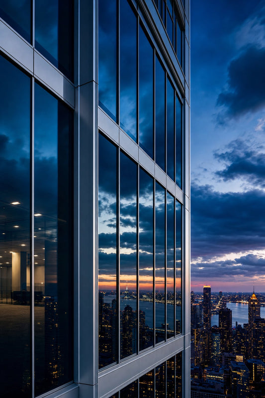 Aluminum curtain wall system on a modern high-rise building at dusk showing wind-resistant facade engineering