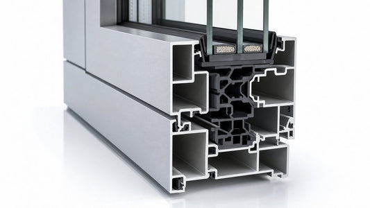 Cross-section of aluminum window frame showing polyamide thermal break strip