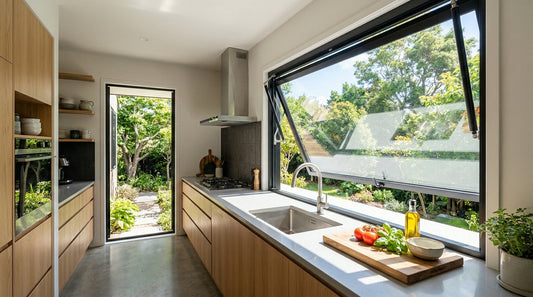 Modern kitchen interior with an open aluminum gas strut awning window providing natural ventilation
