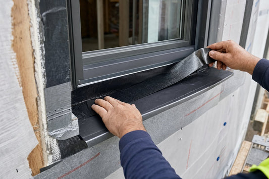 Construction worker applying self-adhered waterproof flashing membrane at an aluminum window sill during rough opening installation