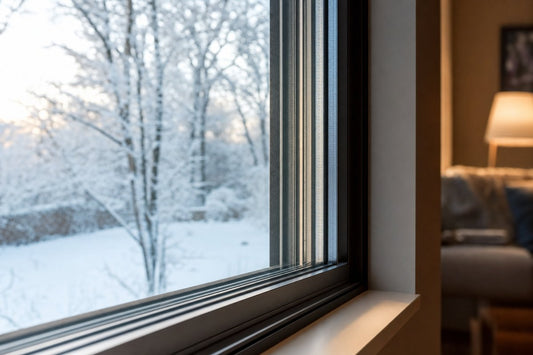 Close-up of triple-pane insulating glass unit aluminum window with winter scene outside and warm interior