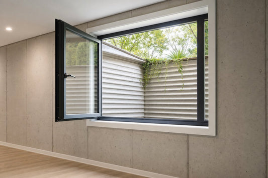 Aluminum casement egress window installed in a finished basement with window well