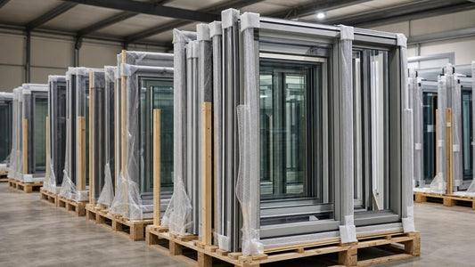 Aluminum window frames stored vertically on wooden pallets in a covered warehouse awaiting installation
