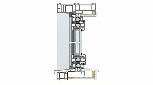 Cross-section technical illustration of a double-glazed acoustic window showing glass layers and seals