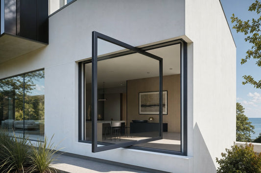 Modern minimalist building with large aluminum pivot window rotating open 90 degrees