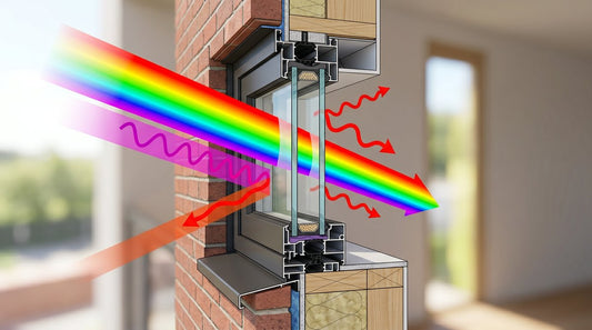 Cross-section diagram of a double-pane Low-E glass window showing infrared and UV light filtering