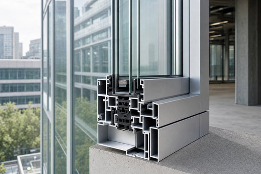 Cross-section of aluminum window frame with thermal break installed in commercial glass curtain wall