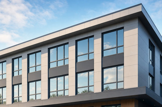 Commercial building facade with aluminum single-hung and double-hung windows