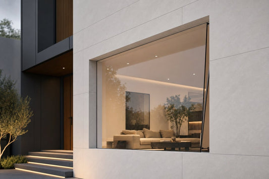 Modern aluminum hidden vent casement window on minimalist contemporary building facade