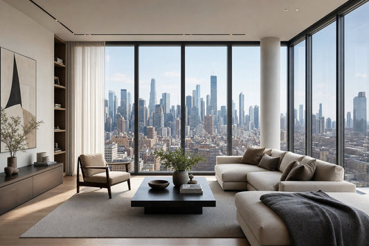 Modern urban high-rise living room with floor-to-ceiling aluminum acoustic windows and city skyline view