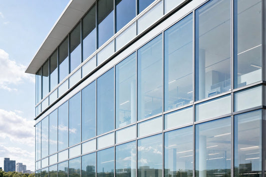 Modern commercial building facade with aluminum-framed glass curtain wall