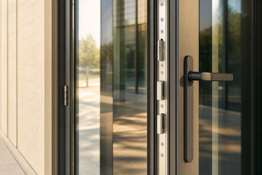 Close-up of a multi-point locking mechanism on an aluminum commercial door frame