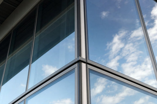 Close-up of an aluminum curtain wall corner detail showing glass panels and structural mullion joinery on a modern building facade