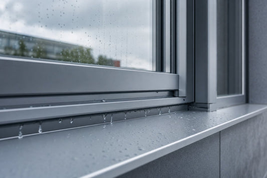 Aluminum window sill with weep holes draining water during rain