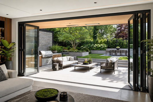 Modern luxury home patio with bi-fold aluminum doors fully open showing garden view