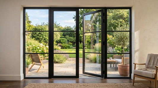 Aluminum French doors with floor-to-ceiling glass panels opening to a garden patio