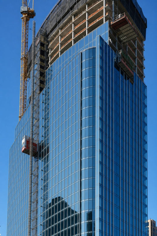 Modern aluminum glass curtain wall unitized panels on high-rise commercial skyscraper under construction