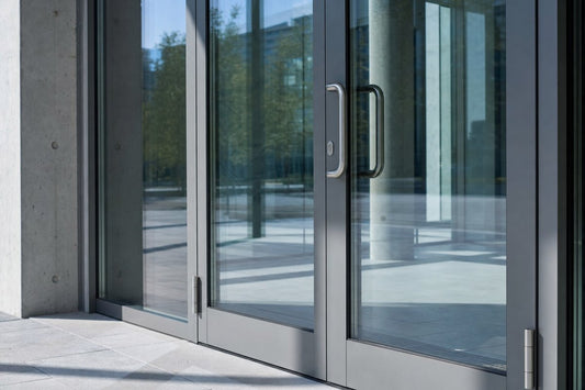 Close-up of a modern commercial aluminum door frame and glass entrance