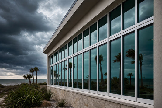 Aluminum impact-resistant windows on a coastal Texas building under stormy skies