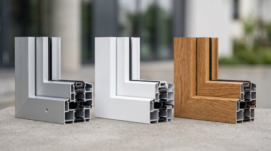 Aluminum window profiles showing anodized, powder coated, and wood grain finish samples side by side