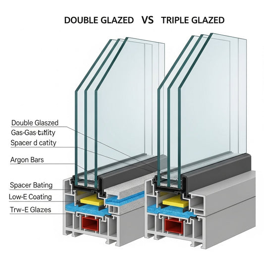 Cross-section diagram comparing double glazed and triple glazed window construction showing glass panes and gas-filled cavities