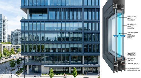 Modern commercial building with aluminum-framed double-pane windows and argon gas fill cross-section diagram