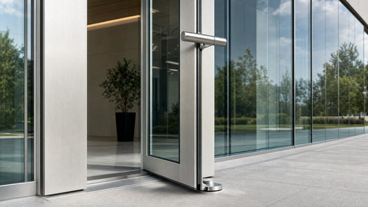 Commercial aluminum entrance door with pivot hinge and lever hardware