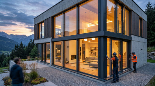 Passive house aluminum window installation with triple glazing on a modern high-performance building