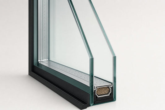 Cross-section of insulating glass unit showing gas fill cavity, aluminum spacer, and low-e coating layers