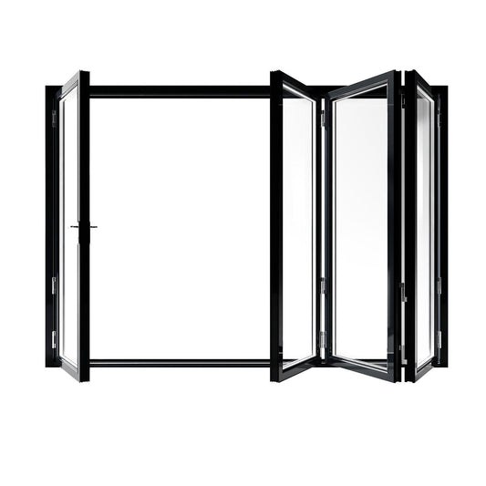 68 thermal break bifold door with black frames and panels folded to the sides